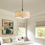 Shrine Lighting Drum Chandeliers, Farmhouse Style, Perfect Drum Pendant Light for Dining Room, D21'' x H8'', Adjustable Chains 59'', E26*3 Sockets, Beige Linen Fabric Lampshade & Black Rod - color: Beige&Black D20''