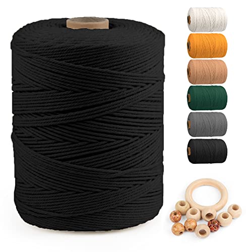 Macrame Cotton Cord 3mm x 547yds, ZUEXT Natural Handmade Black Braided Cords 4 Strands Knitted Rope String for Craft Wall Hanging Weaving Tapestry Dream Catchers Hanger DIY Gift (500m) - color: Black, style: 3mm x 500m