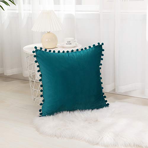 Elegant Comfort POM-POMS Fringe Velvet Cushion Covers Set of 2, Velvet Soft Solid Decorative Square Throw Pillow Covers Set Cushion Case for Couch Bed, Livingroom 18 x 18 Inch (45 x 45 cm), Teal - color: Teal, size: 18" x 18" (Pack of 2)