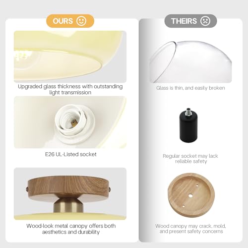 Mid Century Modern Schoolhouse Semi Flush Mount Ceiling Light, Cream Glass Lamp with Wood Grain Metal Base, Rustic Farmhouse Lighting Fixture for Bedroom, Hallway, Dining, Living, Entryway - color: Cream Milk A