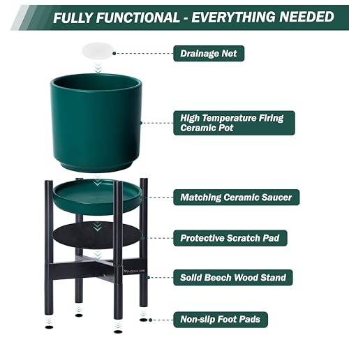 D'vine Dev Ceramic Planter with Ebony Stand - 8 Inch Modern Round Flower Pot with Wood Planter Holder, Teal, 55-B-M-4 - color: Teal Pot + Ebony Stand, size: 8 Inch
