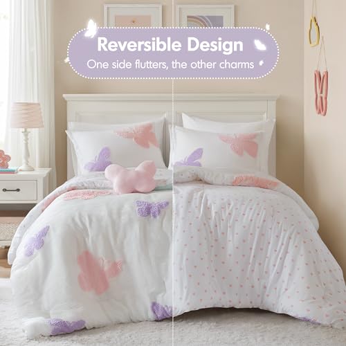 Intelligent Design Kids Rio Twin Comforter Set – Girls’ Reversible Tufted Chenille Bedding with Pastel Purple Butterflies and Pink Dot, 3pcs - color: Multicolor, size: Twin Comforter