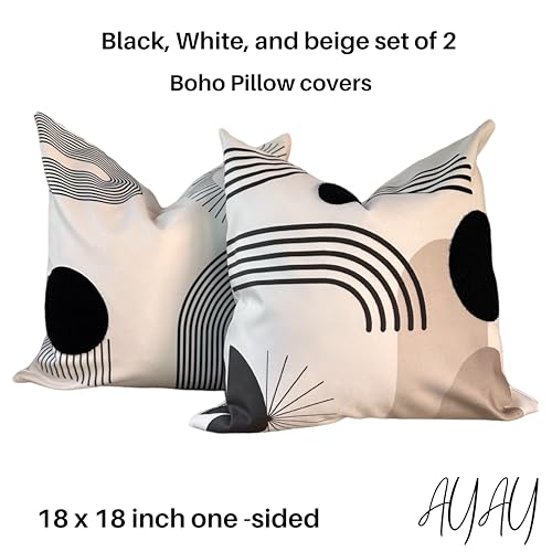 AYAY Modern Decorative Pillow Covers 18 x18 – Boho Throw Pillows for Couch Bed, Set of 2 Modern Cases, Printed Abstract Soft Velvet Pillows, Washable (Black, White and Beige, 18 x 18) - color: Black, White and Beige