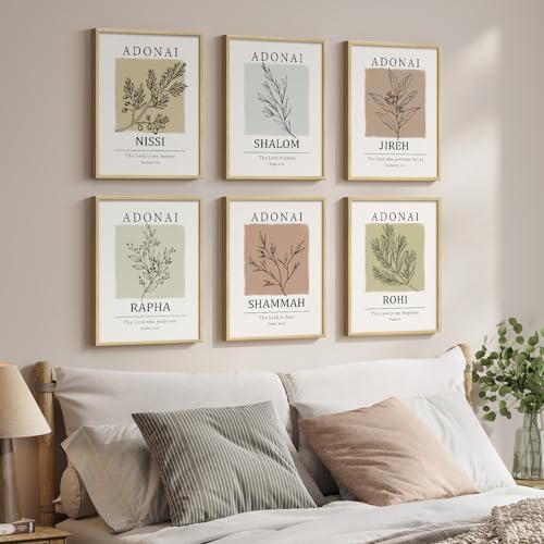 Framed Christian Bible Verse Neutral Wall Art, Minimalist Scripture Religious Canvas Prints, Faith Names of God Boho Botanical Leaf Artwork for Bedroom Living Room Office Hallway Wall Decor, 11x14 In - color: Muted Neutrals, size: 11" W x 14" H x 6Pcs