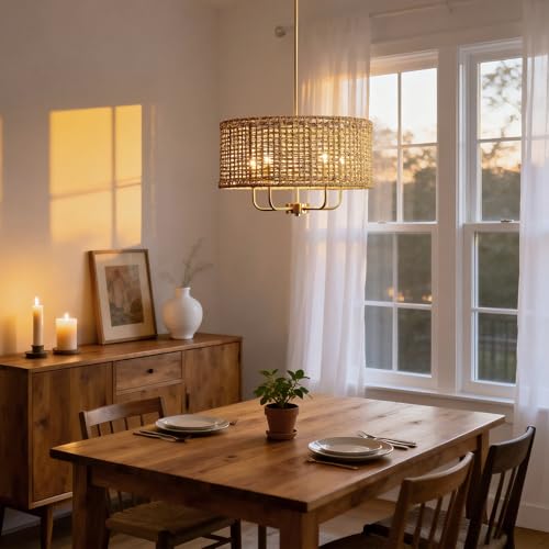 5-Light Rattan Chandelier Chandeliers for Dining Room, Boho Chandelier, Coastal Hand Woven Pendant Light Fixture for Kitchen Island Entryway Foyer Living Room Bedroom UL Listed Gold - color: Gold, size: 17.7"