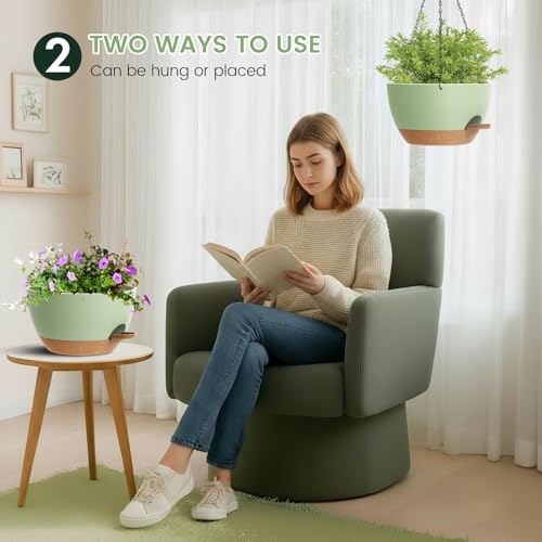 3 Pack 10 Hanging Flower Pots with Chains Self Watering Plastic Planters for Indoor Outdoor Plants, Sturdy Triangular Iron Chain Design for Garden PorchPlastic hanging flower pots (3, Green Brown) - color: Green Brown