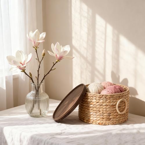 Water Hyacinth Storage Basket with Wooden Lid & Handles, 12.0" D x 6.7" H Handwoven Round Basket for Living room,Bathroom - Decorative Organizer for Home (Large) - size: Large