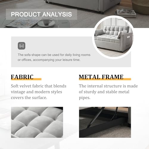3-in-1 Loveseat Sleeper Sofa, Modern 55.5" Pull Out Couch, Velvet Upholstered Futon Sofa Bed with Adjustable Backrest, Convertible Sofa Bed with Storage Pockets for Living Room(Light Grey) - color: Grey