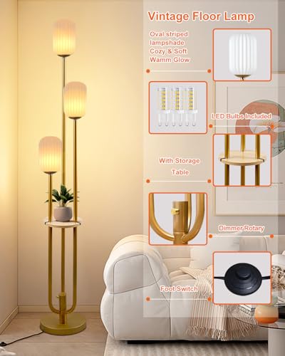 Floor Lamp for Living Room, Dimmable Vintage Floor Lamp with Shelf & LED Bulbs, 3 Light 3000K Soft Warmwhite Mid Century Standing Lamp, Tall Lamps with 5Lbs Heavy Base for Bedroom Office - color: Oval-Gold