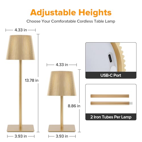 LUTEC 4 Pack Cordless Table Lamp,6000mAh Rechargeable Battery Operated Desk Lamp,Two Adjustable Heights,Waterproof, Touch Control & 3 Color Stepless Dimming for Restaurant/Bedroom/Bars/Outdoor (Gold) - color: Gold