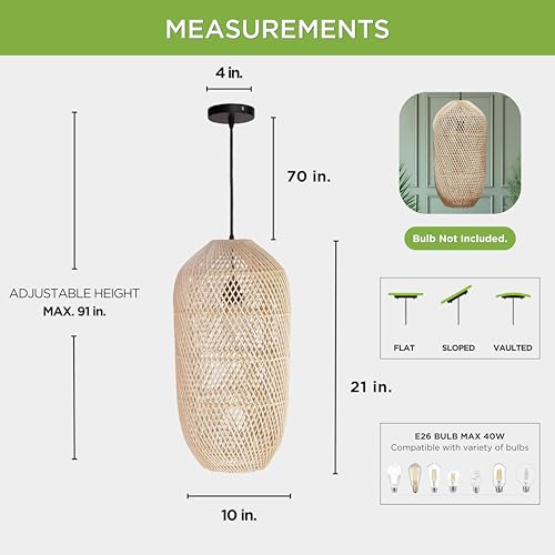 FOREVER BAMBOO Handcrafted Indonesian Natural Rattan Pendant Light Shade Wicker Light Fixtures Luxurious Cylinder Shape Woven Lampshade Chandelier Interior Decor, 21 in H x 10 in W - style: Flores Cylinder