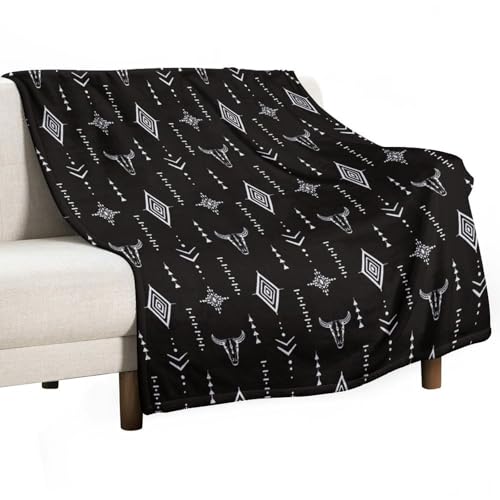 Aztec Tribal Blanket,Boho Bull Skull Vintage Rustic Southwest Navajo Primitive Nation Black Cow Head Totem Black Cat Blanket for Couch Sofa Bed Decorative Gifts 30x40 - color: Blanket-25, size: 30"x40"