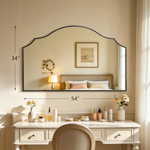 Besdomus Oversized Scalloped Black Mirror: 54"x34" Modern Minimalist Wood Frame Wall Mirror - Classical Fireplace Arched Mirrors for Bathroom/Dresser/Entryway/Living Room - Home Decor for Women - color: Black, size: 34"L x 54"W