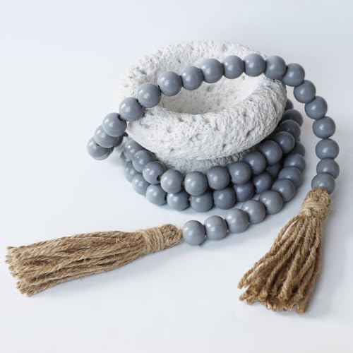 Boho Decor Wood Beads Garland Farmhouse Wall Hanging Decorations Natural Wooden Bead Tassel Decorative for Coffee Table Christmas and Prayer (Gray, 58") - color: Grey, size: 58"