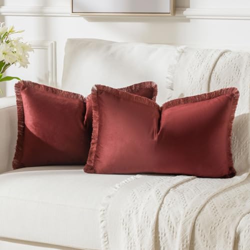 FUTEI Burgundy Velvet Decorative Throw Pillow Covers 12x20 Set of 2,Soft Cozy Edge with Tassels Lumbar Pillow Cases,Boho Modern Home Decor for Couch Bed Living Room - color: Burgundy, size: 20" x 12" (Pack of 2)