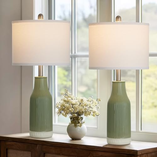 24.5" Ceramic Table Lamps Set of 2 for Bedroom, Sage Green Table Lamps for Living Room End Table, Small Farmhouse Bedside Lamps for Nightstands (2 LED Bulbs Included) - color: Sage Green - 24.5"H