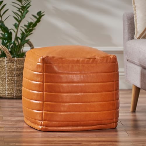 GDFStudio Contemporary Faux Leather Channel Stitch Pouf Ottoman Foot Stool - Bean Bag Floor Chair - Foot Rest Couch for Living Room Bedroom,Caramel Cube,16"" x 16"" x 16"", Conrai,caramel, 314802N - color: Caramel, size: 16"