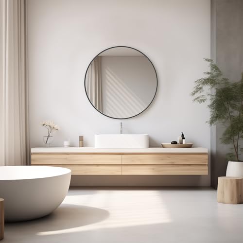 NEWBULIG 24IN Round Bathroom Wall Mirror, Modern Vanity Mirrors for Over Sink, HD Glass Decorative for Entryway, Bedroom & Living Room, Anti-Rust, Tempered Glass, Hanging or Leaning, Black - color: Black, size: 24.2"L x 24"W