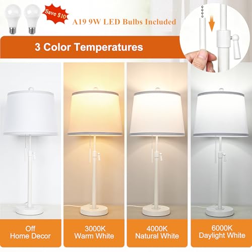 JUNNAI White Table Lamps Set of 2, 22" to 30" Adjustable Height Bedside Lamps for Living Room 3 Color Temperatures Tall Nightstand Modern Lamp for Bedroom Office End Table (Bulbs Included) - color: White Set of 2