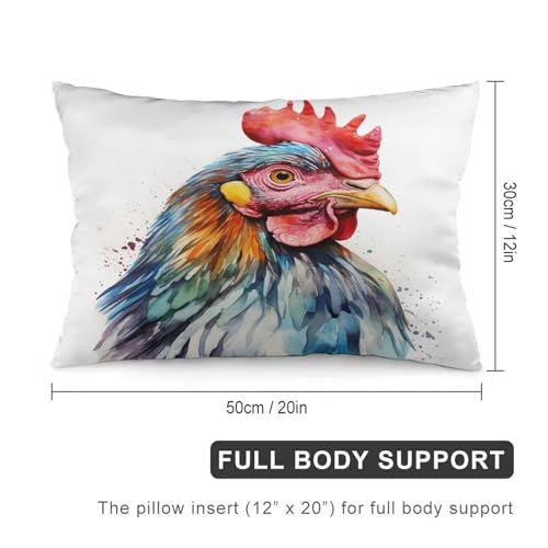 Watercolor Chicken Pillowcase 12 "x20 Farmhouse Rooster Coloful Chicken Lumbar Pillow Covers Outdoor Pillowcase Double-Sided Printing Design Pillow Case Protector for Bed Decor - color: Pattern, size: 20" x 12" (Pack of 1)