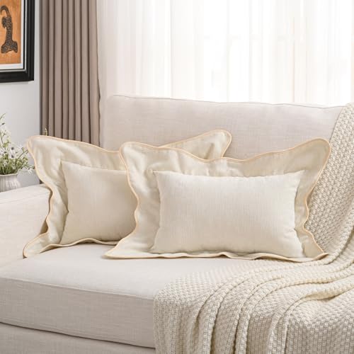 FUTEI Pack of 2 Solid Scalloped Bordered Throw Pillow Covers 12x20 Inch Soft Chenille Decorative Lumbar Pillow Cases Farmhouse Accent for Couch Bed Living Room, Beige - color: Beige, size: 20" x 12" (Pack of 2)