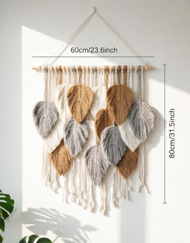 Jditngp Macrame Leaf Wall Hanging Boho Woven Tapestry,Vertical Large Wall Decor Tassels Grey brown Hand Woven Leaf Feather Pendants Nordic Wall Art for Bedroom Living Room Apartment 23.6" WX31.5 L - color: grey15
