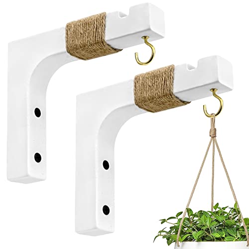 2 Pack Plant Hanger Hooks for Indoor Hanging Plants, Farmhouse Wooden Hanging Basket Wall Hooks for Outdoor Flower Pots Lanterns Wind Chime Lights Garden Decoration - color: White