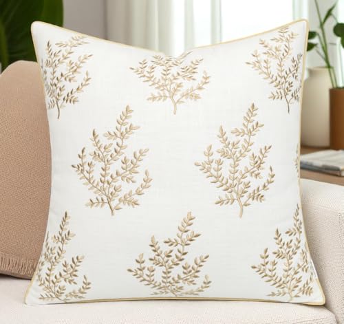 VAGMINE Embroidered Fern Botanical 18x18 Throw Pillow Cover - Ivory Cotton Square Cushion for Sofa Couch Bed - Cottagecore Farmhouse Home Decor - Leaves - color: Ivory-leaves, size: 18" x 18" (Pack of 1)