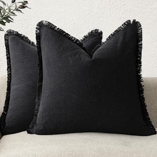 Foindtower Set of 2 Decorative Linen Fringe Throw Pillow Covers Cozy Boho Farmhouse Cushion Cover with Tassels Soft Accent Pillowcase for Couch Sofa Bed Living Room Home Decor, 16×16 Inch, Black - color: Black, size: 16" x 16" (Pack of 2)