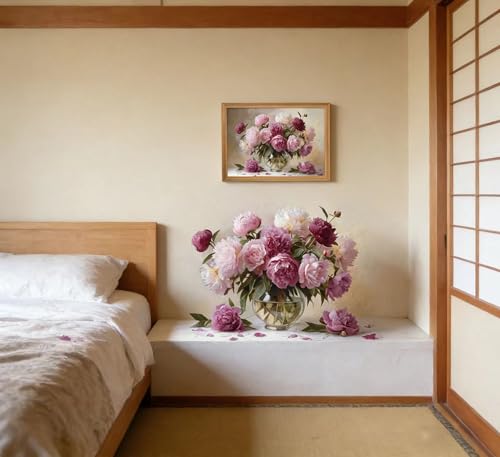 Framed Pink Peony Flower Wall Art, Oil Painting Style Floral Botanical Canvas Print Poster, Flowers Wall Decor for Living Room Bedroom, Rustic Home Decoration, - color: Peony flowers, size: 10"L x 8"W