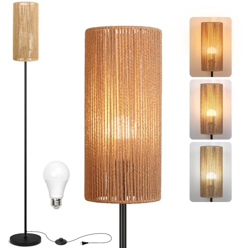 Ruiever Floor Lamp for Living Room,Farmhouse Floor lamp,Modern Standing lamp with Hand-Worked Rattan Shade (Straight Line Rattan Shade- 3 Color Bulb) - style: Straight Line Rattan Shade- 3 Color Bulb