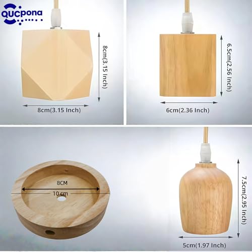 Wooden Lamp Base and Canopy 2-Pack, Modern Geometric & Cylinder Pendant Light Holder with Golden Cord, E26/E27 Socket, Ceiling Fixture Not Included (Square)