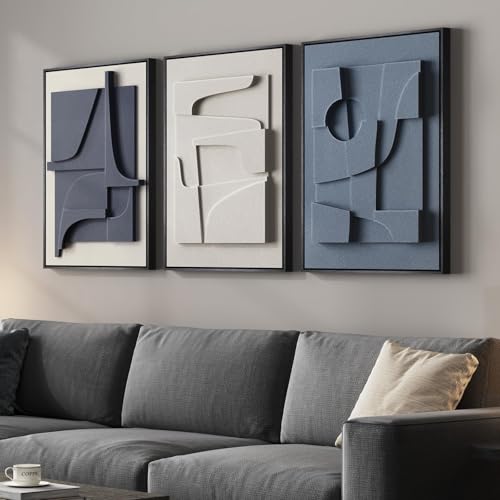 3D Textured Framed Blue and White Abstract Wall Art, 3 Piece Modern Artwork for Walls, Minimalist Navy Blue Geometric Wall Paintings for Living Room, Bedroom, Dining Room, Office Wall Decor 16x24 In - color: Blue White, size: 16"w X 24"h X 3pcs