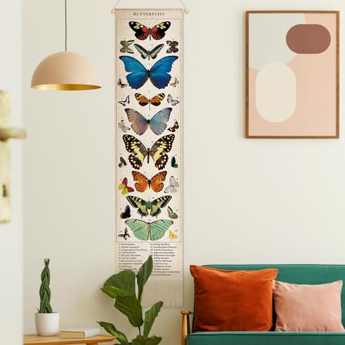 Geetery Vintage Butterfly Vertical Tapestry Wall Hanging Long Narrow Wall Art Fabric Butterfly Wall Hanging Reference Illustrative Botanical Tassel Tapestry Long Vertical Wall Decor for Home Decor