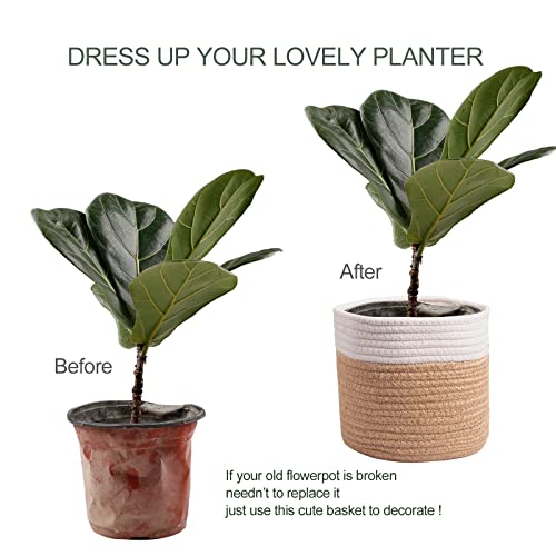 11" Cotton Rope Plant Basket Modern Woven Baskets for 10" Flower Pot Floor Indoor Planters,Storage Organizer Baskets Home Decor,Brown White 11"x 11" - color: Brown, size: W 11"x H 11"