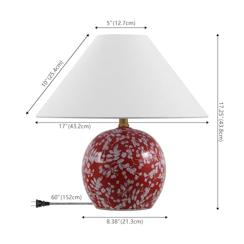 JONATHAN Y 17.25" Red/White Modern Cottage Floral Ceramic Globe Table Lamp for Bedroom, White Linen Shade, LED Bulb Included, French Country Home Decor (JYL5508B) - color: Red/White