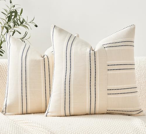 Throw Pillow Covers Set of 2 18x18 Inch Striped Pillow Covers, Soft Decorative Cotton Neutral Navy Blue Textured Case for Couch Sofa Bed Living Room, Home Modern Farmhouse Cute Decor - color: Navy Blue, size: 18" x 18" (Pack of 2)