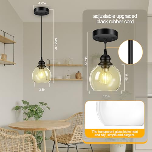 Pendant Lights Kitchen Island, Black Pendant Light with Glass Lampshade, 71 Inch Adjustable Hanging Lamp for Kitchen Living Room, Modern Farmhouse Industrial Ceiling Lighting Fixture(E26 Base,No Bulb) - size: 1Light - D 5.91 IN