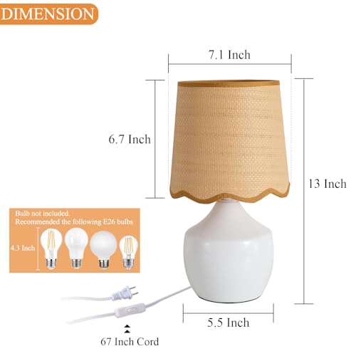 Boho Rattan Ceramic Table Lamp,Small White Ceramic Bedroom Bedside Nightstand Lamp with Rustic Woven Shade,Small Coastal Desk Lamps for Living Room End Table Kids Room