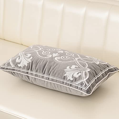Aeckself 12 x 20 Inch European Cushion Cover Luxury Velvet Home Decorative Embroidery Floral Rectangle Throw Pillow Case Pillowcase for Couch Bed Living Room, Grey and White - color: Gray, size: 20" x 12" (Pack of 1)