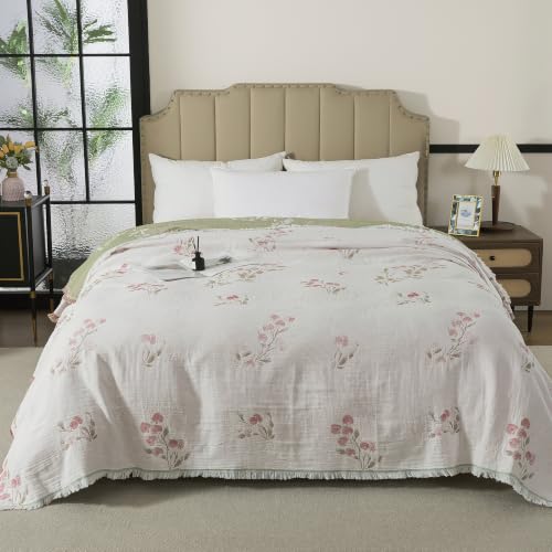 Lemfux 4-Layer 100% Cotton Muslin Cooling Blanket, Boho Floral Gauze Throw with Fringe, Ultra Soft Breathable Lightweight Bedspread Coverlet for Bed Sofa Couch (White-Green Floral, 60"x80") - color: White-green Floral, size: 60"x80"