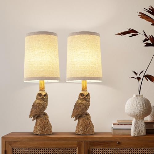 Vintage White/Wood Grain Owl Table Lamp - Resin Sculpture Base & Linen Shade | 16.5in Height Decorative Lamp for Bedroom/Study | Rocker Switch (BW-2) - color: BW-2