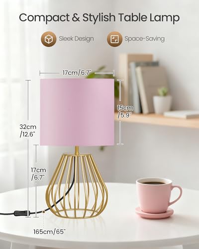 Pink and Gold Table Lamp, Small Bedside Lamp with Metal Base & Pink Linen Lampshade, Modern Nightstand Lamp, Little Cute Desk Lamp for Girl Kid's Room, 2700K LED Bulb Included, DP06TL05 - color: Pink + Gold