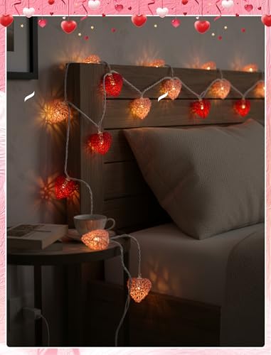 8.5ft Valentine’s Day Heart String Lights Plug in, Vintage Rattan Lights with 10 LED Red Pink Shatterproof Bulbs, Fairy Lights for Indoor Outdoor Home Decor Wedding Party Birthday, Warm White - color: Rattan Red Pink Heart