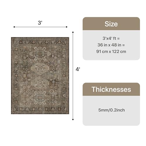 Bavni 3x4 Area Rug for Living Room Bedroom, Washable Boho Print Vintage Aesthetic Rug, Ultra-Thin Low Pile Rugs for Entryway Playroom with Non Slip Backing, Brown - color: Brown, size: 3' x 4' (Rectangular)