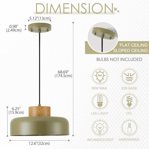 Mid-Century Modern Pendant Light,12.6" Natural Wood & Olive Green Metal Shade,Adjustable Kitchen Island Dining Room Lighting Fixture - color: Olive Green, size: 12.6 inches