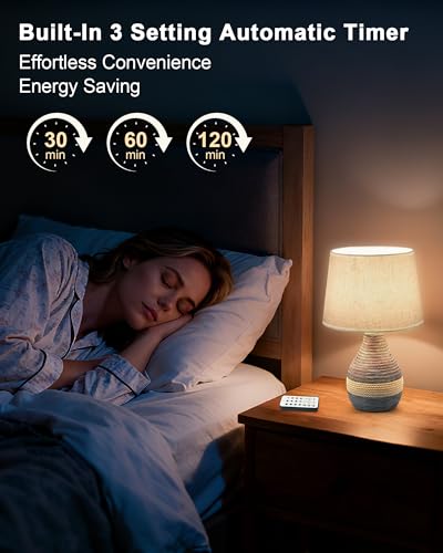 UMEXUS 13” Small Ceramic Cordless Table Lamp with Timer, Dimmer, Linen Shade, Remote Control, Rechargeable Battery Light for Patio Nightstand Kitchen Counter Living Room Side Table, Bulb Included - size: Small-13"H-Rope accent design