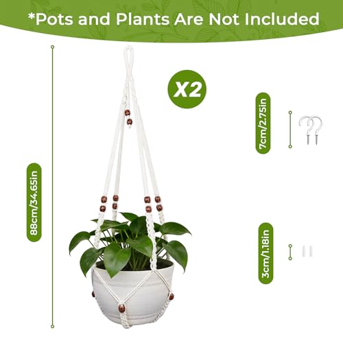 Macrame Plant Hangers for Indoor Plants, 2 Pack 35 Inch Cotton Rope Hanging Planter Holders with Floral-Patterned Beads and Hooks, Fits 4-15 Inch Pots, Ivory - color: Ivory