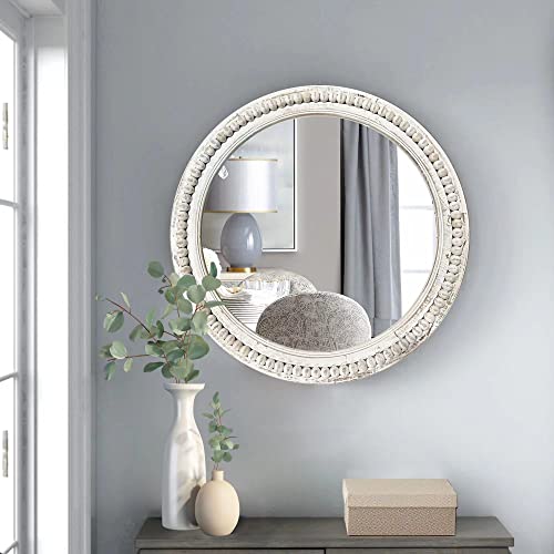 dwellington Rustic Round Wall 24 Inch Wood Circle Mirror with Beads, Decorative Farmhouse Mirror for Living Room, Bedroom, Kitchen, Entryway (White)