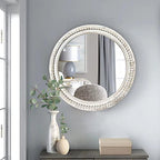 dwellington Rustic Round Wall 24 Inch Wood Circle Mirror with Beads, Decorative Farmhouse Mirror for Living Room, Bedroom, Kitchen, Entryway (White)